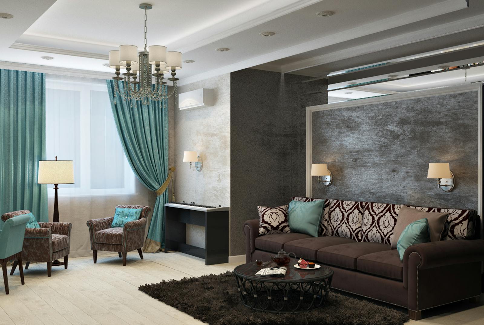 Luxurious modern living room with chandelier, sofa, armchairs, and stylish decor.